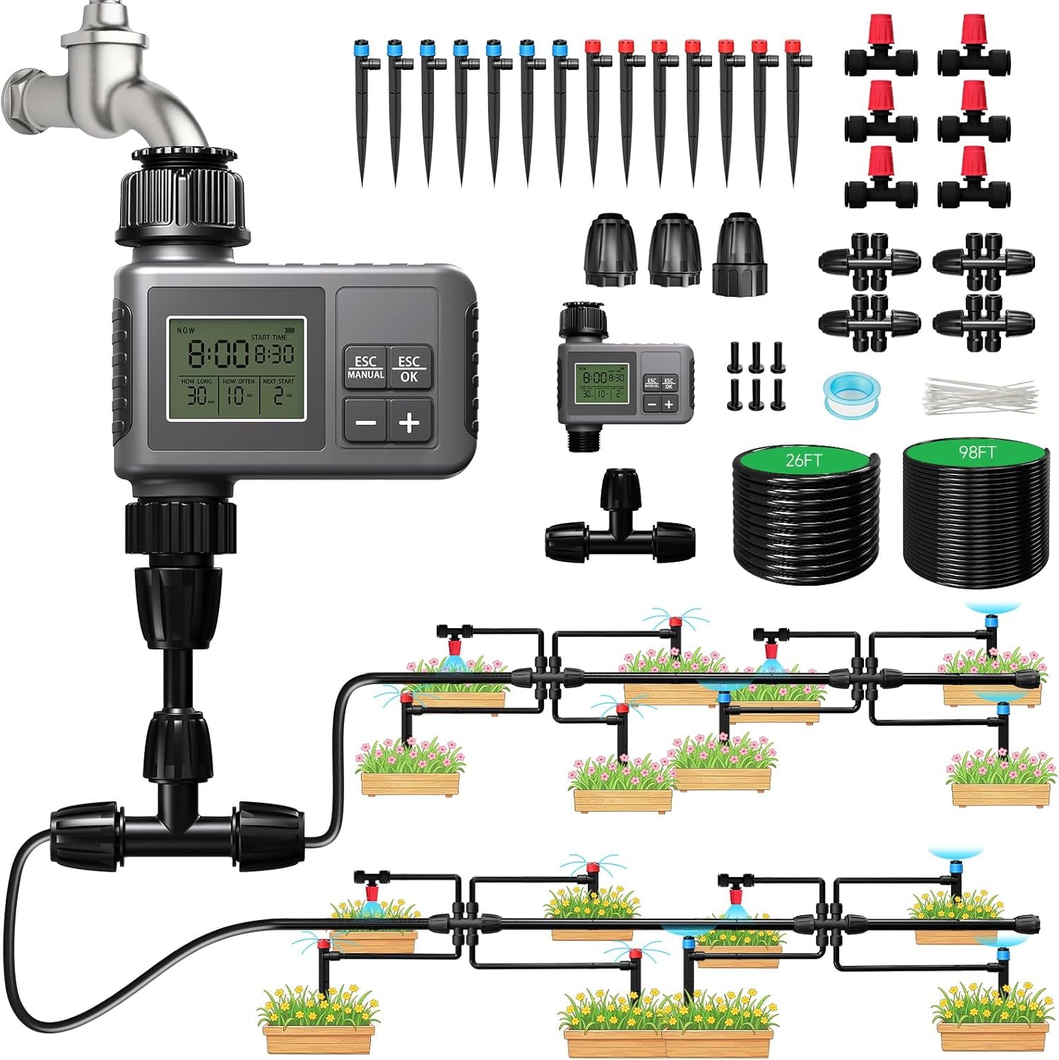 124FT Drip Irrigation System with LCD Timer, Automatic Watering System