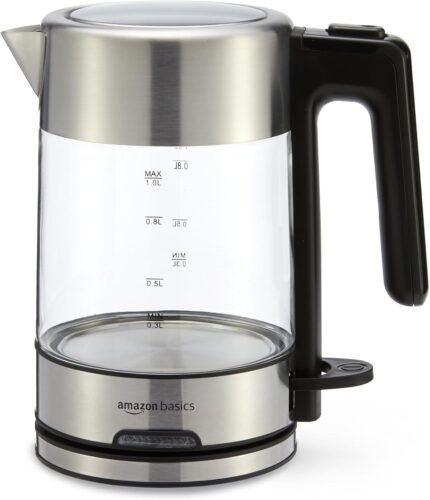 Amazon Basics Electric Kettle with Glass Carafe for Tea and Coffee, Fast Boiling, Auto Shut-Off, Boil-Dry Protection, Temperature Control, Removable Filter, 1 Liter, 1500W, BPA-Free