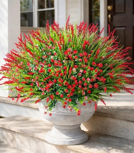 HyeFlora 20 Bundles Artificial Fake Outdoor Plants Flowers for Spring Decoration, UV Resistant Realistic Red Plastic Flowers Faux Plant Monkey Grass for Planter Home Garden Porch Patio Window Box