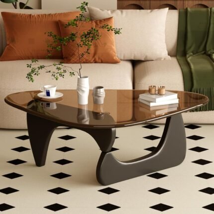 Coffee Table for Living Room Mid Century Modern Center Table with Glass Top and Wood, 32 Inch, Brown/Black