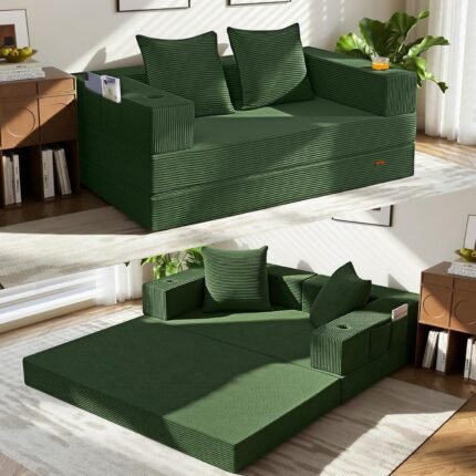 COMAX Futon Sofa Bed, 4‑in‑1 Convertible Sofa Bed, Folding Boneless Couches for Living Room, Fold Out Small Foldable Loveseat Floor Sleeper Comfy Mattress Lounge Space‑Saving, Green
