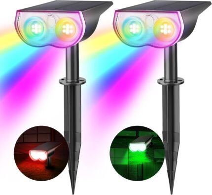 Consciot Solar Spot Lights Outdoor, Halloween Decorations 22 LEDs IP67 Waterproof Color Changing Solar Outdoor Lights, 8 Colors, 2-in-1 Adjustable Wall Lights for Garden Yard Pathway, 2 Pack(RGB)