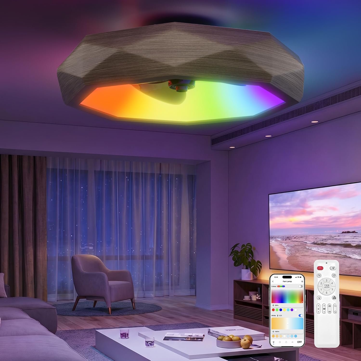 22" Low Profile Flush Mount Ceiling Fan with Light, Hidden