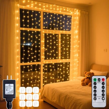 300 LED Curtain String Lights 9.8 * 9.8FT Plug in Fairy Lights with Timer and 8 Modes, Waterproof Window Wall Lights for Bedroom Wedding Party Indoor Outdoor Christmas Decor