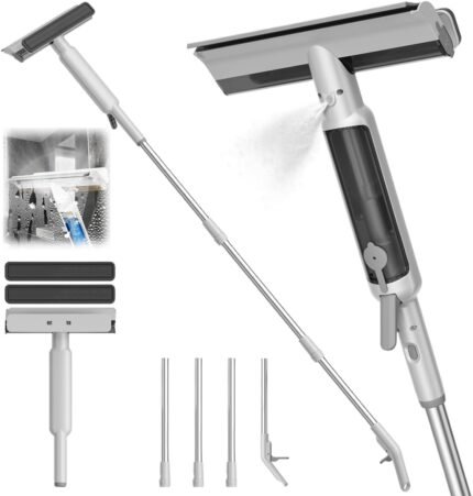 4 in 1 Window Squeegee with Water Tank,Window Cleaner Tool with Remote Control Water Spray,16'' to 72'' Adjustable Extension Pole,Wastewater Tray,Sponge Window Squeegee for Shower Glass Car Window