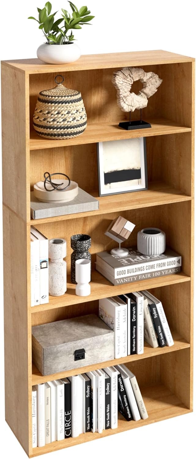 5 Tier Book Shelf,Wooden 5 Cube Storage Organizer,5 Tier Low