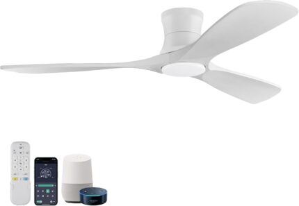 52”Smart Low Profile Ceiling Fans with Lights Remote,Quiet DC Motor,Outdoor Indoor Flush Mount Ceiling Fan,Control with WIFI Alexa App,Dimmable,6-speed,3 White Wood blades,for Modern Bedroom Patio