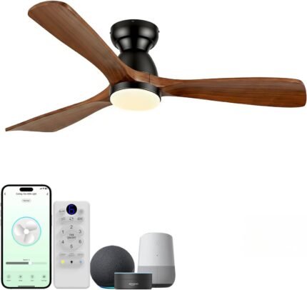 52in Smart Flush Mount Ceiling Fans with Lights,Outdoor Low Profile Wood Ceiling Fan Quiet DC Motor,Work with Alexa/Gg Voice Control/App/Remote,Dimmable,6-speed,3 Wood blades Fan for Patio,Dark Walnut