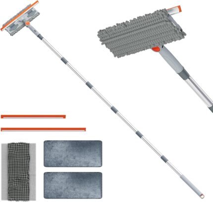6.4FT Extendable 2-in-1 Window Squeegee & Scrubber with Long Handle, 180° Adjustable Head, Streak-Free Silicone Blade, Multi-Purpose Glass Cleaning Tool for High Windows, Mirrors & Car Windshields