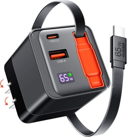 65W Retractable USB C Charger Block, PD PPS Fast Charging Wall Charger with Retractable Type-C Cable and Dual Port, Portable GaN3 with Foldable Plug for MacBook, iPhone 16, iPad, Galaxy, Pixel