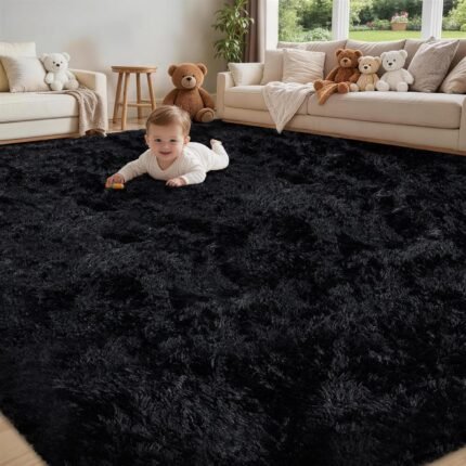 8x10 Area Rug for Living Room:Ultra Soft Fluffy Shag Black Rugs,Large Fuzzy Plush Indoor Non Slip Carpet Washable Rug for Bedroom Kids Nursery Office Dorm Modern Decor(Black)