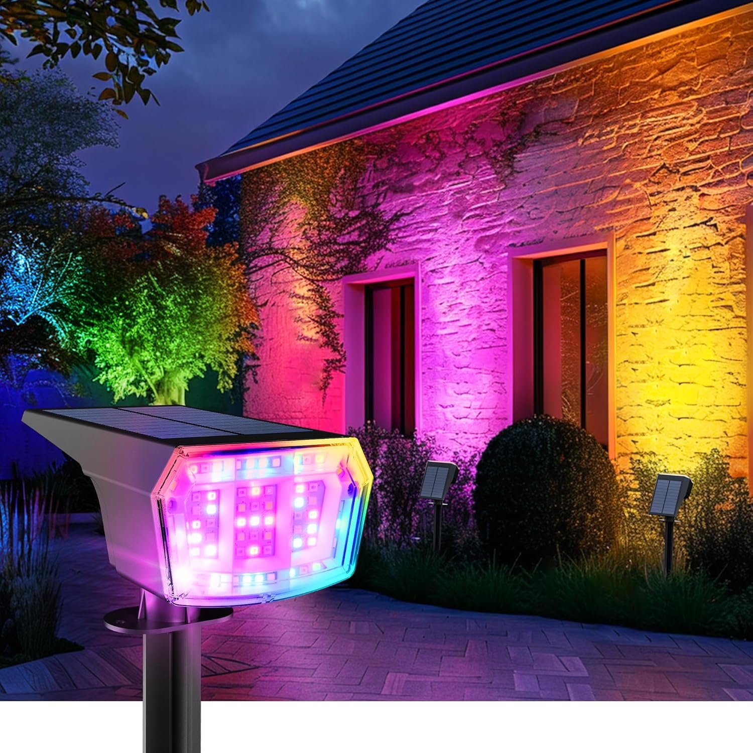 AUDERWIN Solar Spot Lights Outdoor, 9 Lighting Modes RGB, Solar