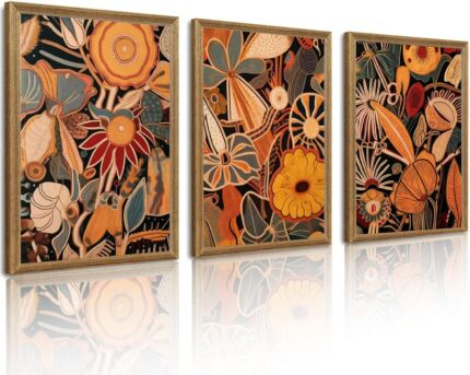 Abstract Floral Wall Art Prints Set of 3, Modern Mid Century Boho Botanical Canvas Painting Posters Black Orange Flower Pictures Artwork Above Sofa Decor for Bedroom Living Room Office Decoration Unframed 16"x24"