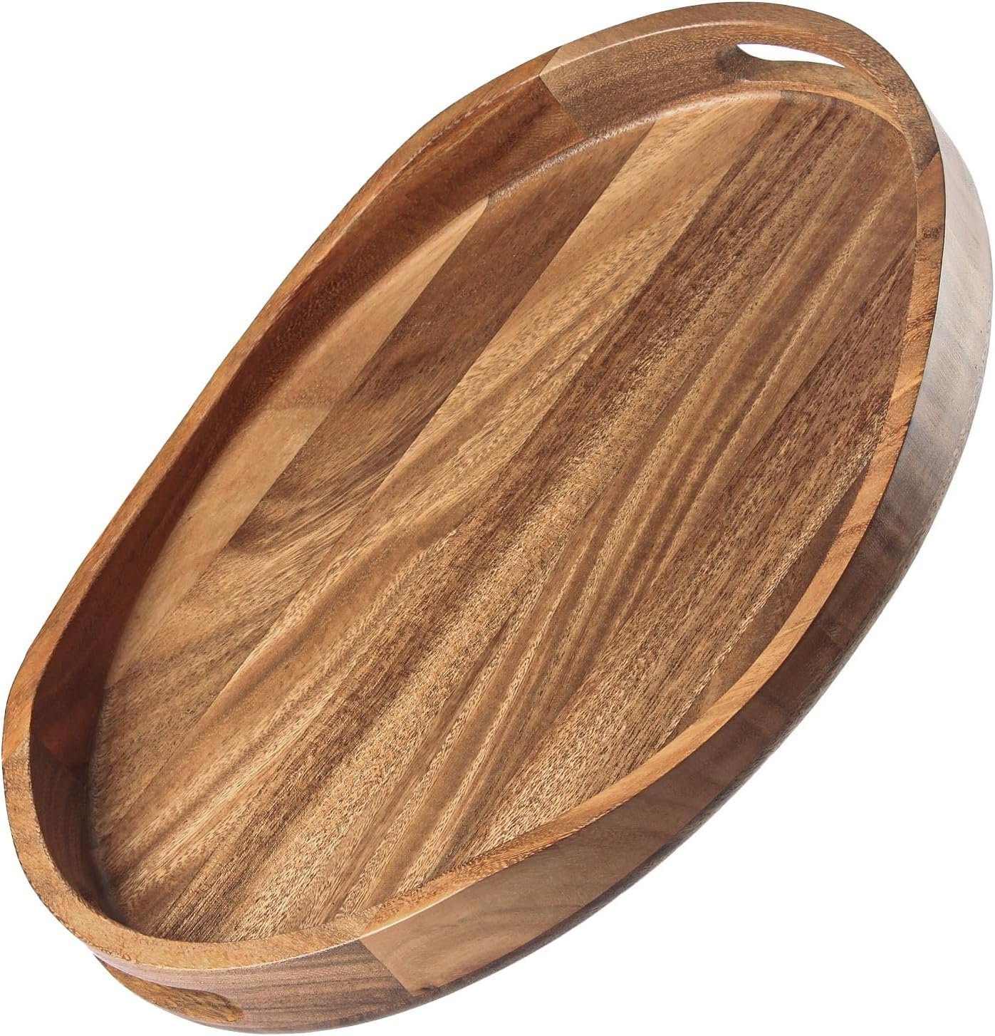 Acacia Wood Serving Tray with Handles - 17"x13" Round, Decorative