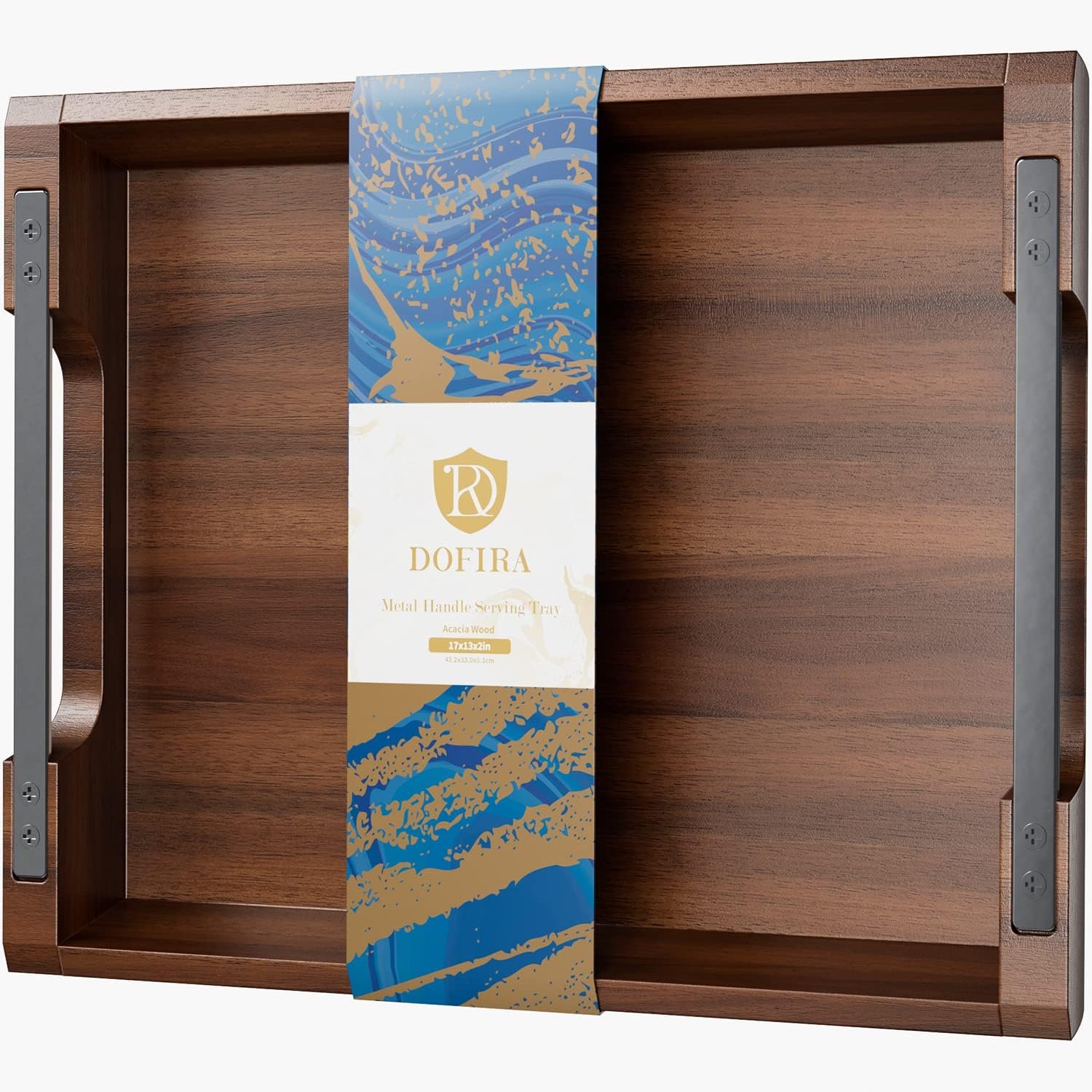 Acacia Wood Serving Tray with Metal Handles, 17x13in Food Drinks