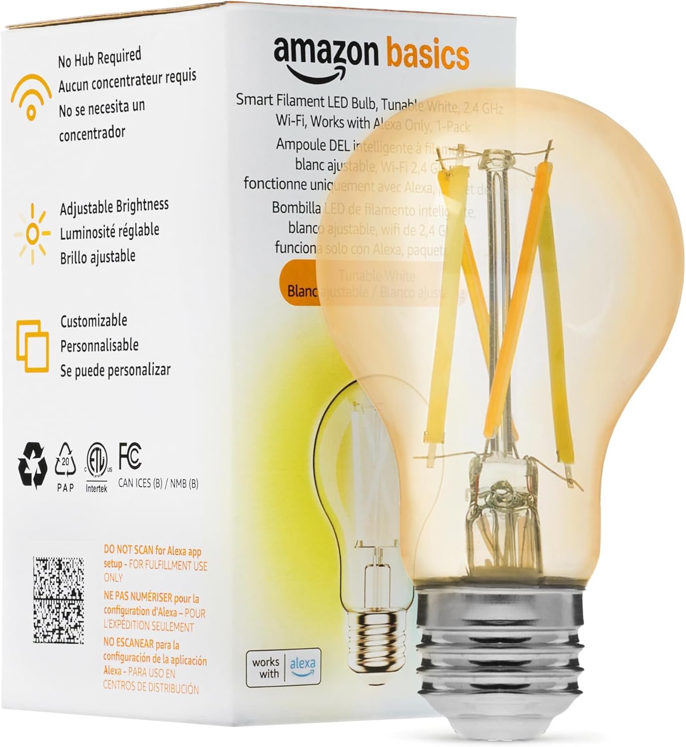Amazon Basics A19 Smart Filament LED Bulb, Tunable White, 2.4