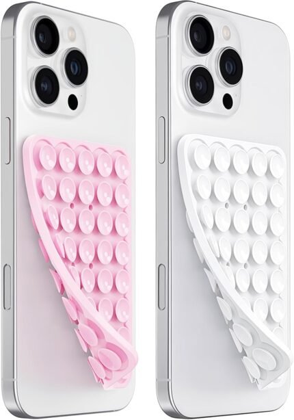 Anteel 2 Pack Silicone Suction Cup Phone Case Mount Double Sided, Hands-Free Silicon Phone Grip with Higher Suction Power for Selfies and Videos, Non Slip Phone Accessories (LightPink&White)