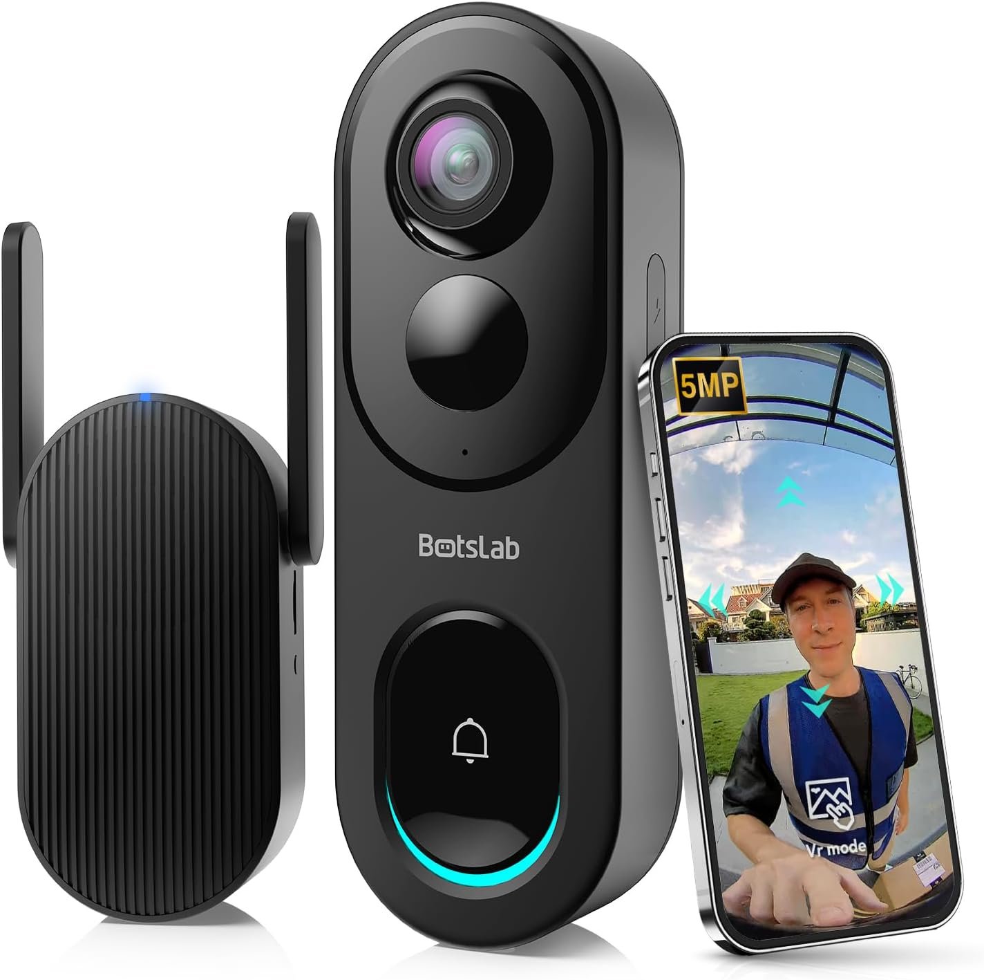BOTSLAB Doorbell Camera Wireless, 5MP Video Doorbell, 180°Panoramic View, No