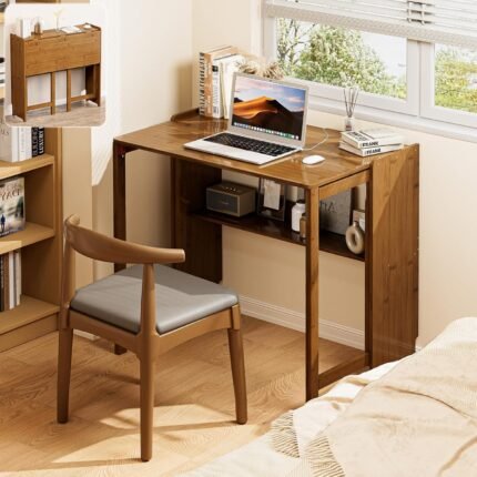 Bamboo Folding Desk for Small Spaces, Mid Century Small Computer Foldable Desk for Bedroom Home Office, Space Saving Sofa Table for Couch, Writing Work Office Desk,Brown