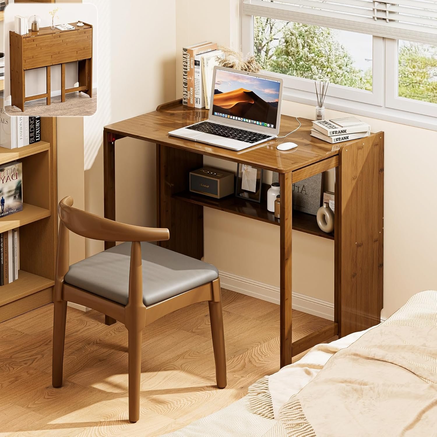 Bamboo Folding Desk for Small Spaces, Mid Century Small Computer