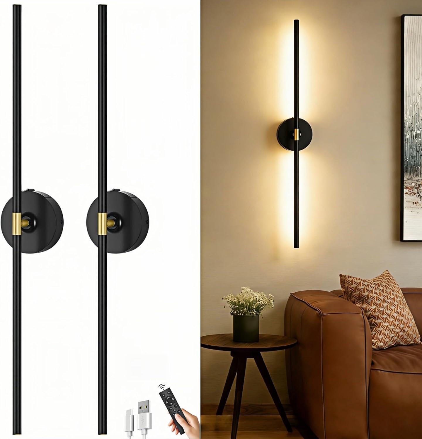 Battery Operated Wall Sconce Set of 2: 10000mAh Wireless Sconces