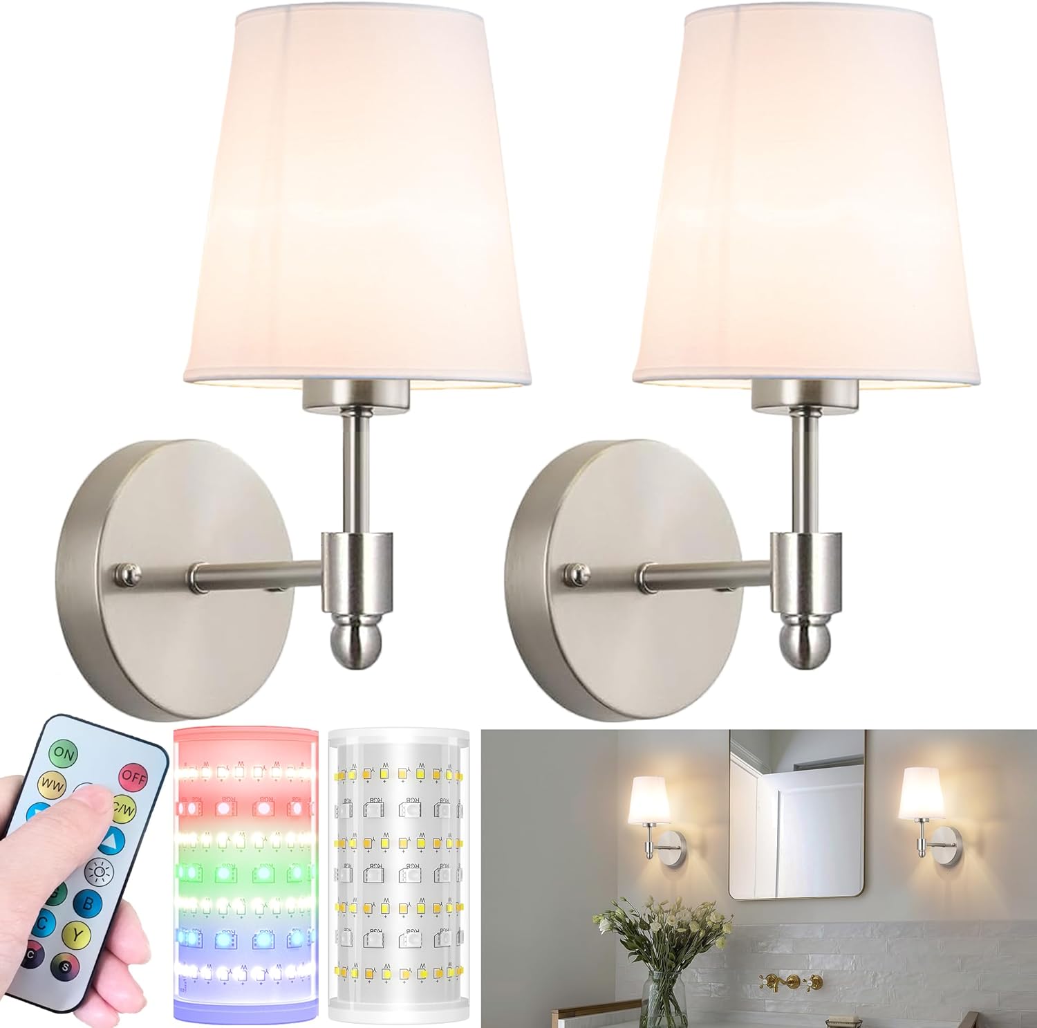 Battery Operated Wall Sconces Set Of 2, Wireless Battery Wall