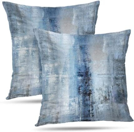 Blue and Grey Abstract Art Artwork Pillow Cover, Gallery Modern Decorative Throw Pillows Cushion Cover for Bedroom Sofa Living Room 18 x 18 Inch Set of 2