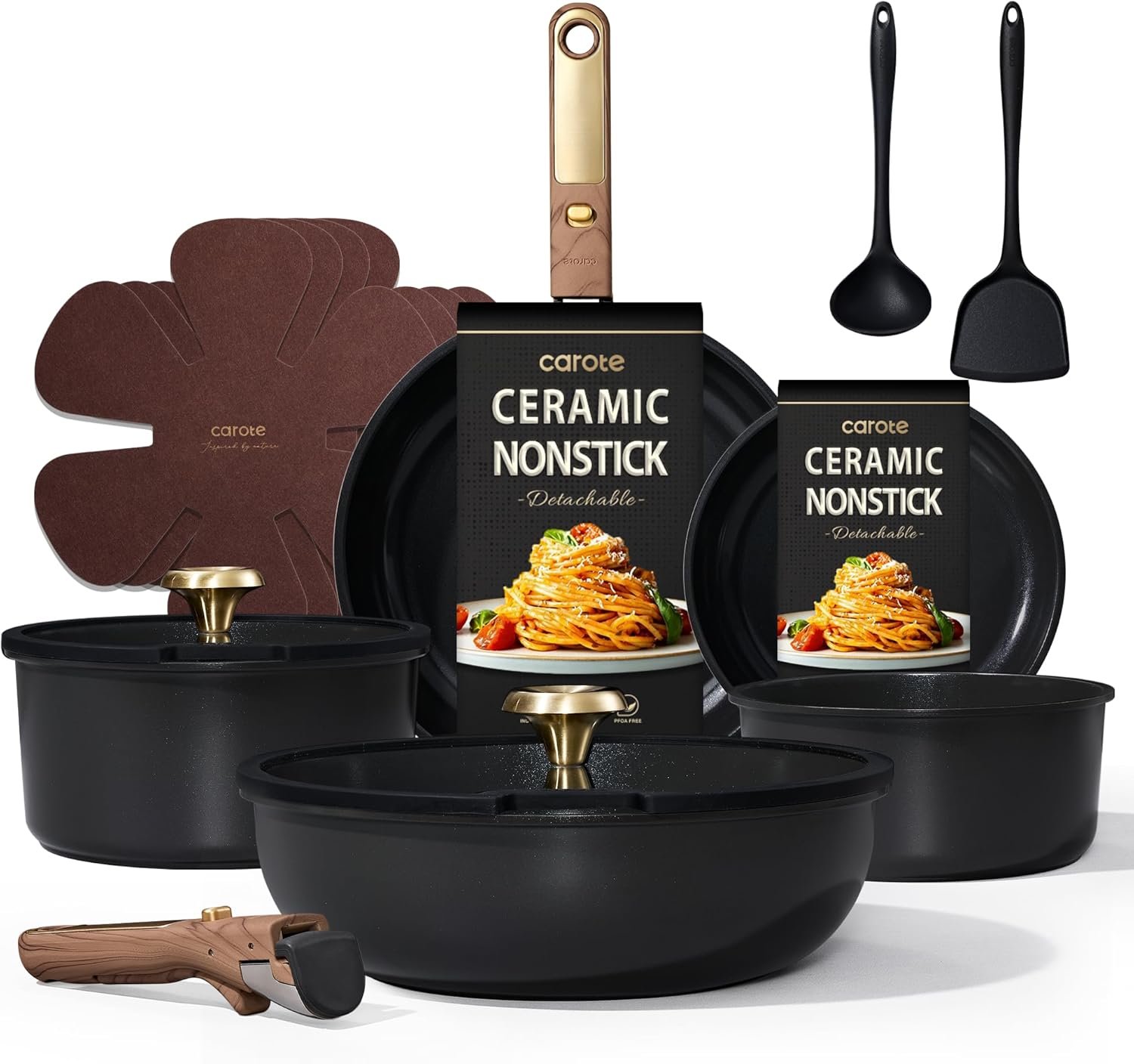 CAROTE 15Pcs Ceramic Cookware Set, Pots and Pans Set Non
