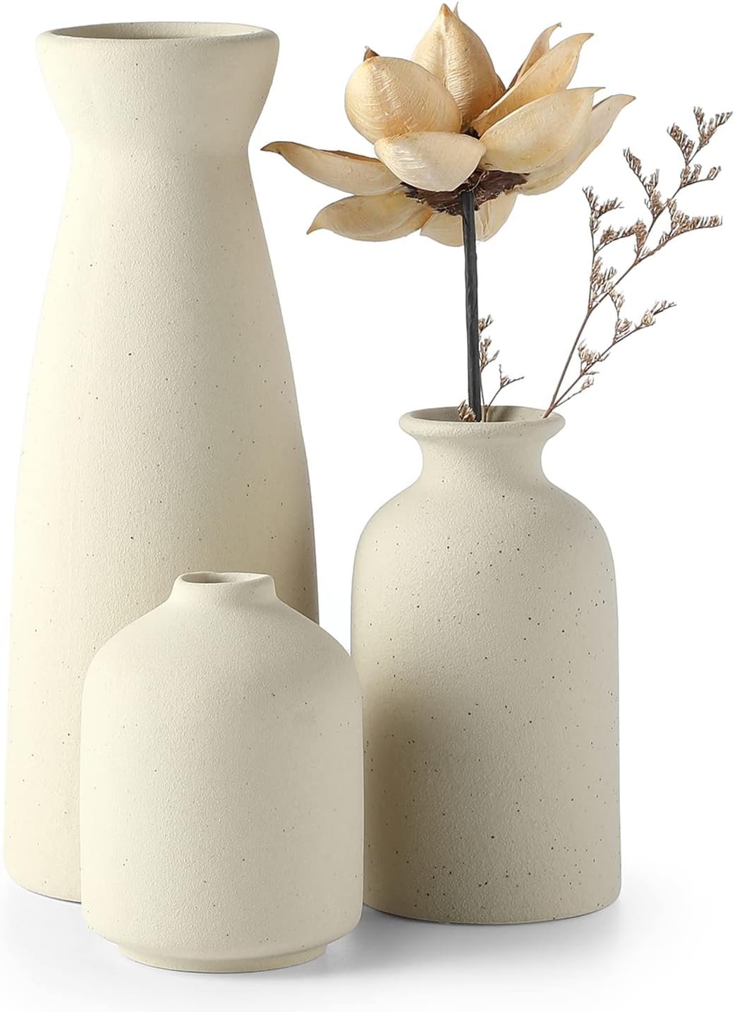 CEMABT Beige Ceramic vase Set-3 Small Flower vases for Decor,Modern