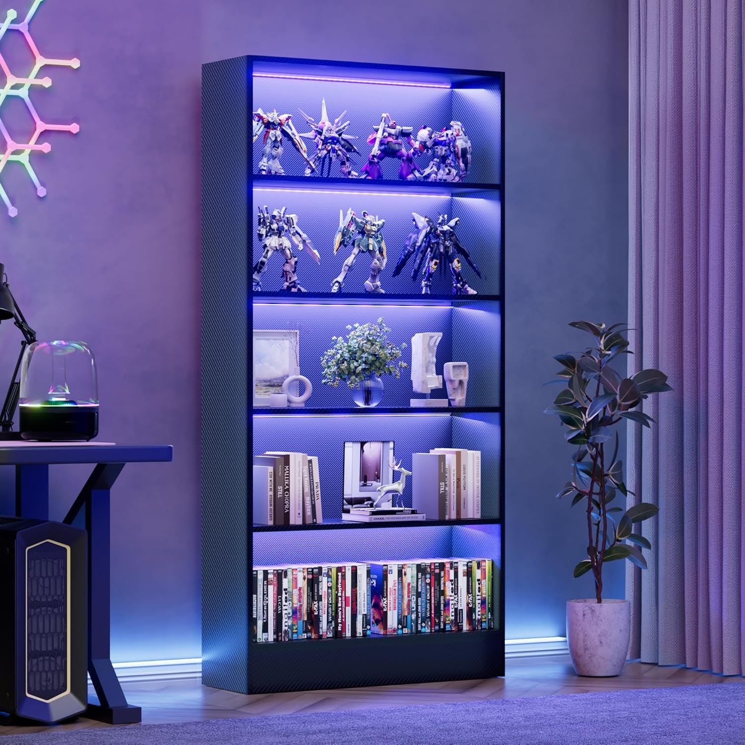 CODACE Tall Wooden Black Bookshelf - Book Shelf with LED