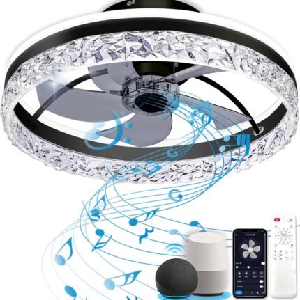 Ceiling Fan with Light, Low Profile Flush Mount Ceiling Fan with Bluetooth Speaker, Smart Ceiling Fan with Alexa & Google Assistant, Voice/APP/Remote Control, 6 Speeds