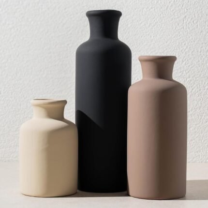 Ceramic Vase Set of 3, Modern Neutral Minimalist Home Decor, Boho Rustic Farmhouse Decorative Vases for Pampas Grass Dried Flowers | Table Centerpiece Entryway Mantel Shelf(Black Mix Set - White#2)