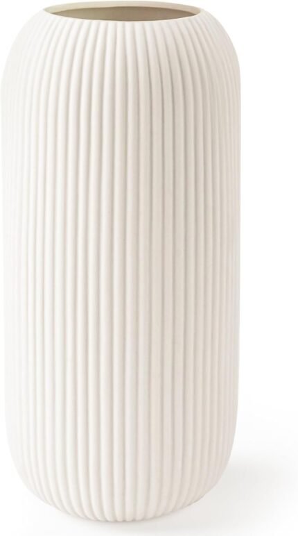 Ceramic Vase for Flowers – Modern Small Ribbed Textured Flower Vase for Home Decor, Pampas Grass, Decorative, Farmhouse, Coffee Table, Kitchen Centerpieces, Bookshelf and Home Living (White)