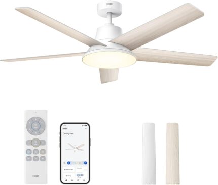 DREO Smart Ceiling Fan with Lights, 52 Inch, 12 Speeds & 3 Fan Modes, Stepless Color Tones, Dimmable LED Light, 12H Timer, Quiet DC Motor, Remote/APP/Alexa Control, White Ceiling Fans Indoor