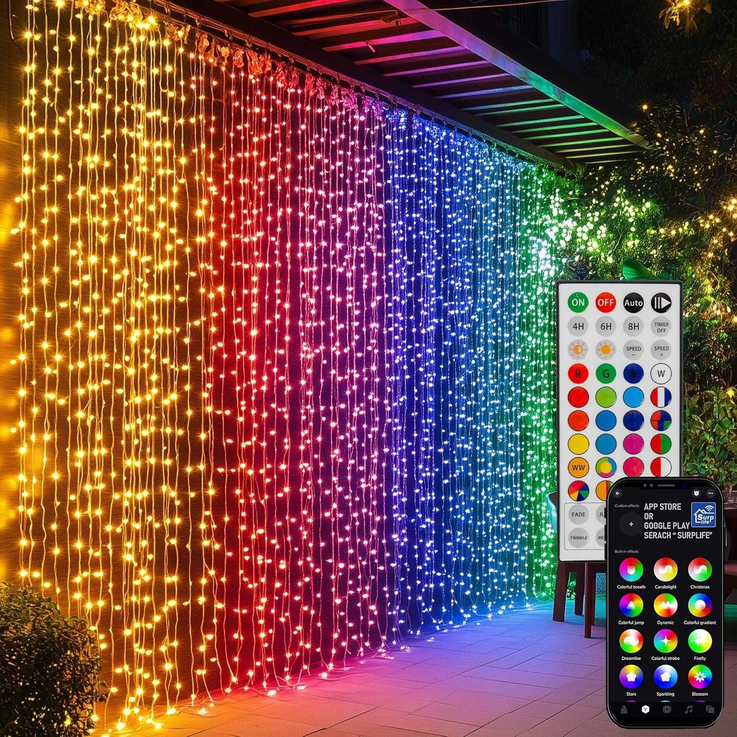 Dazzle Bright 300 LED Curtain String Lights, RGB Color Changing