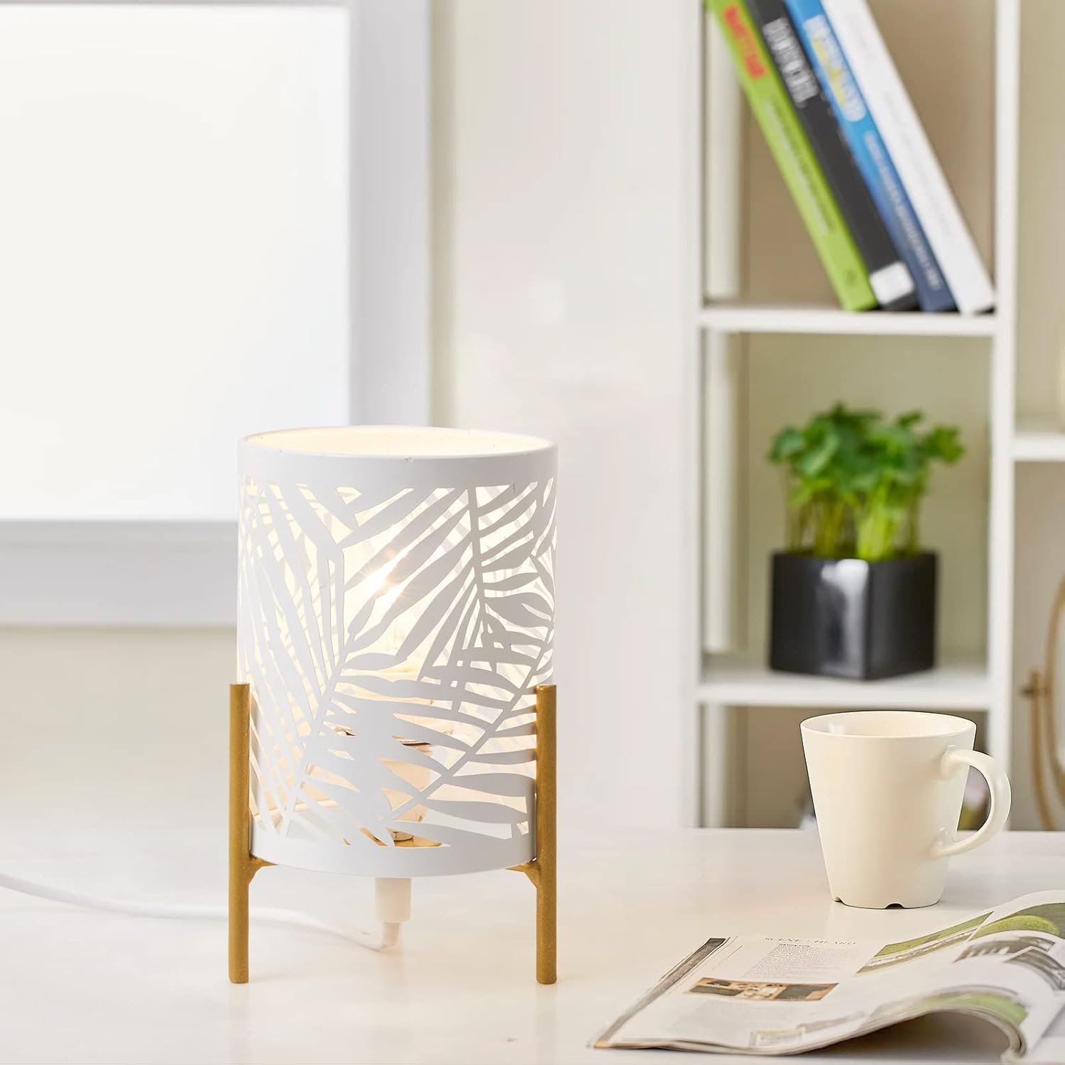 Decorative Table Lamp, Golden Tripod Stand with White Metal Hollowed