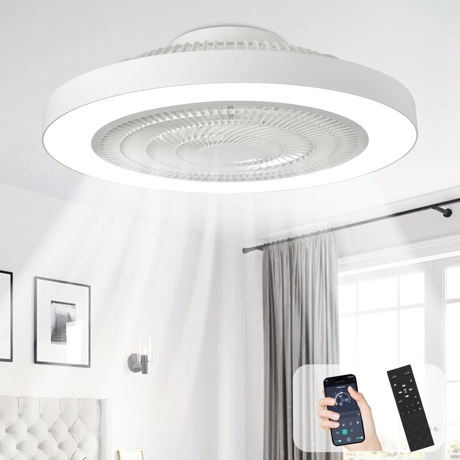 Depuley Modern Ceiling Fan with Light: 19" Bladeless Flush Mount