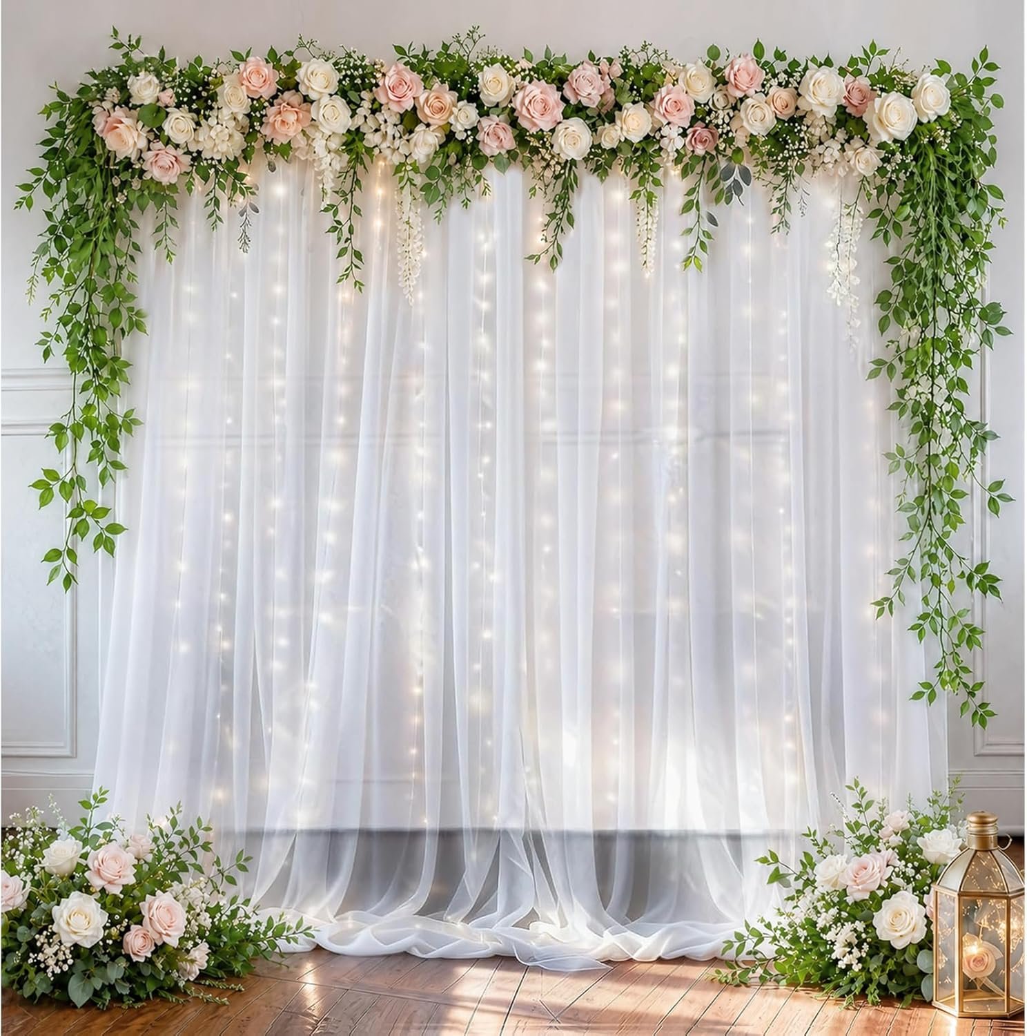 EMART White 10x10ft Tulle Backdrop Curtains with Lights String,Sheer Backdrop