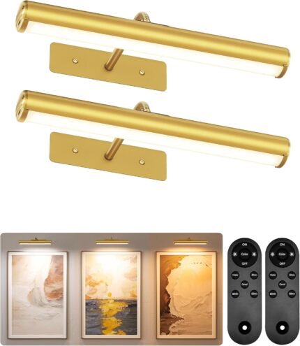 EZVALO Picture Light for Wall, ⁠13-Inch Wireless Rechargeable 4000mAh LED Art Light with Remote, Dimmable 3 Color Temps, Battery Operated Wall Light for Living Room, Bedroom, Gallery (Gold, 2 Pack)