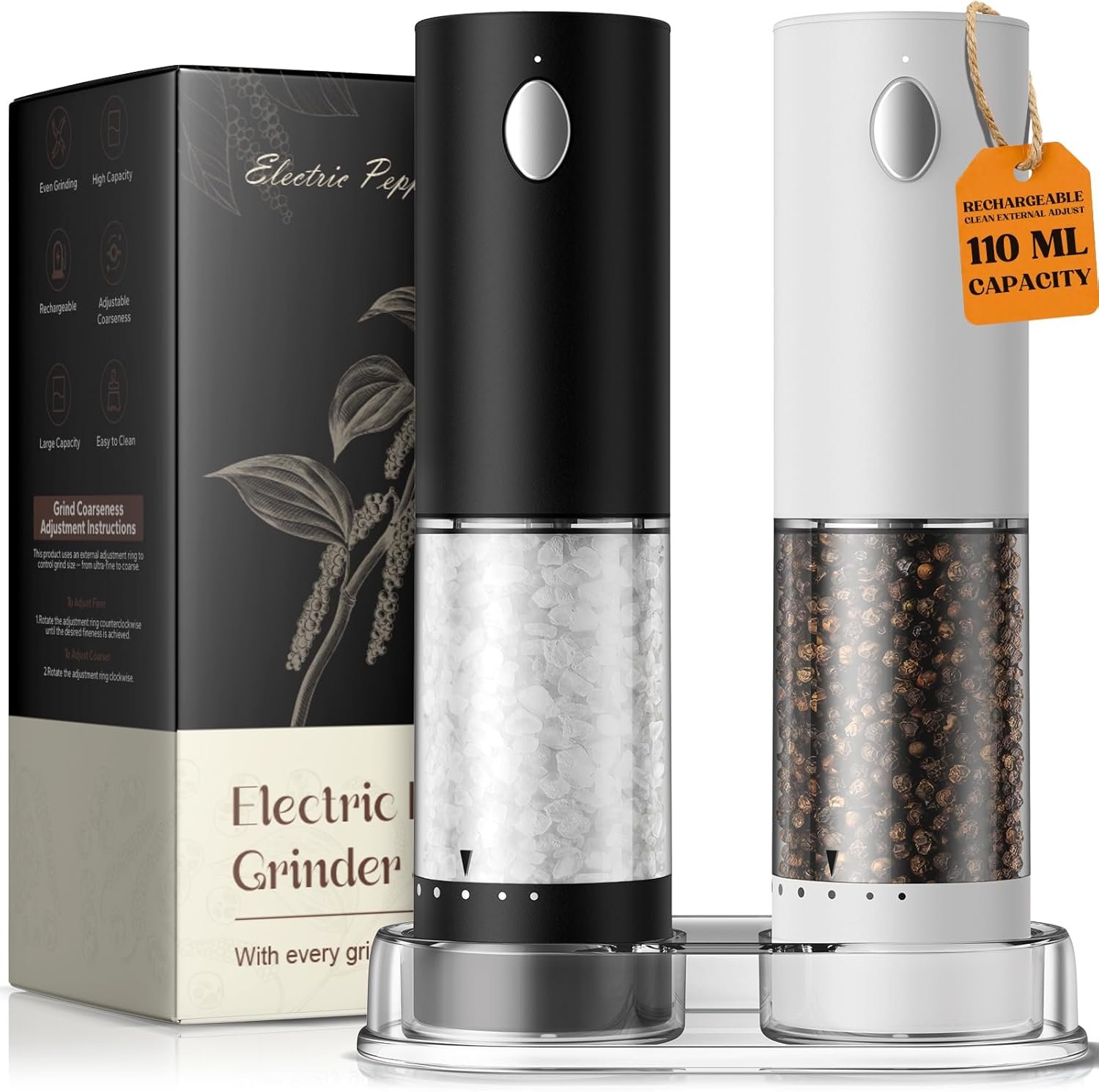 Electric Salt and Pepper Grinder Set, Rechargeable Automatic Salt and