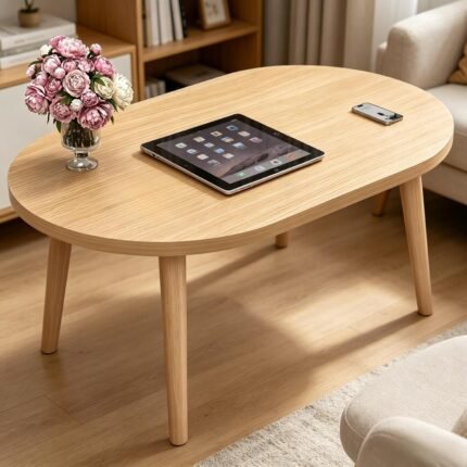 FAMIDGE Coffee Table, 23.6" Small Oval Coffee Tables for Small Space with 4 Solid Wood Leg, Floor Table Desk for Sitting on The Floor, Side Table Japanese Low Table for Living Room Apartment, Brown