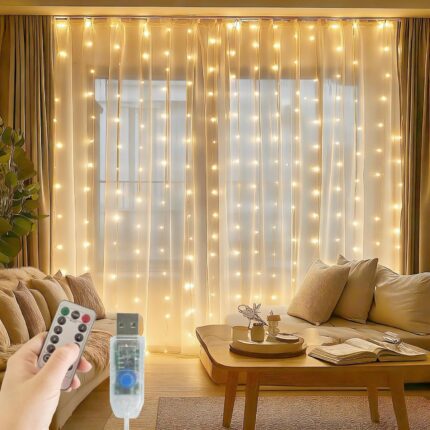 Fairy Curtain Lights, 200 LED Upgraded Tangle-Free Hanging Lights with Remote, USB Plug in String Lights for Bedroom Wall Window Wedding Party Xmas Home Décor - 6.6 x 6.6 Ft, Warm White