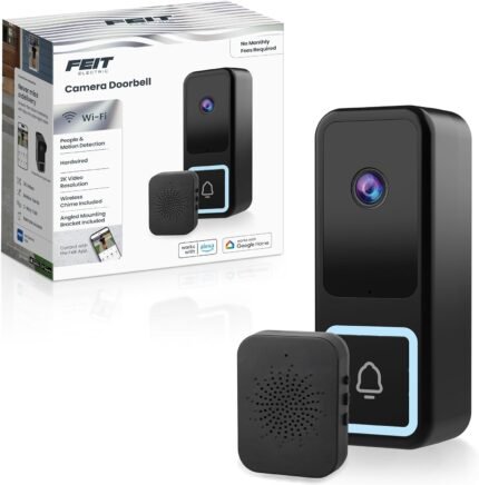 Feit Electric Smart Doorbell Camera, Wired 2K HD Video, Night Vision, Motion Detection, Two-Way Audio, Alexa/Google Assistant Compatible, App Control, Wireless Chime Included, CAM/Door/WiFi/G2