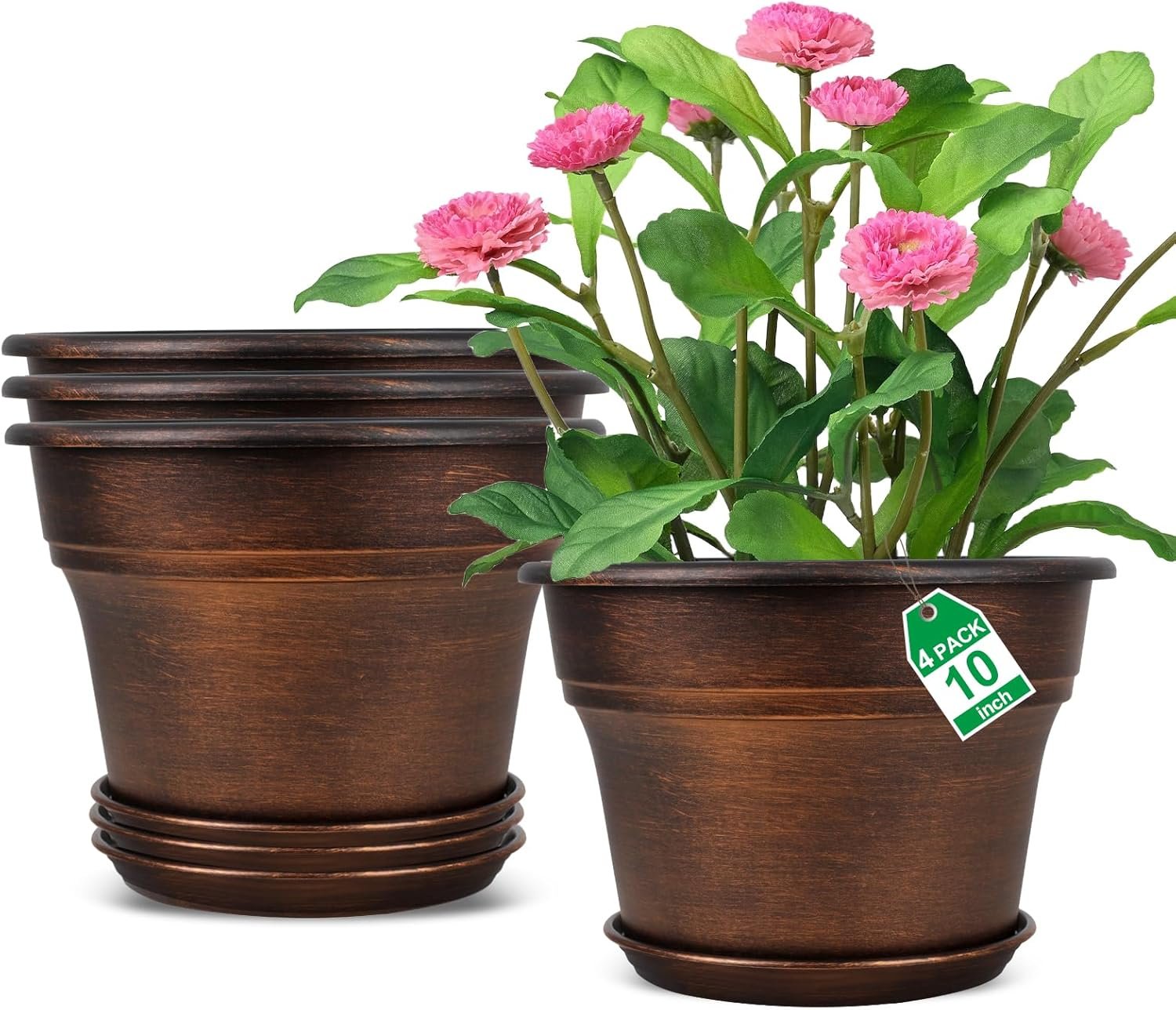 Fodetyff 10 Inch Planters Plant Pots Indoor Outdoor, 4 Pack