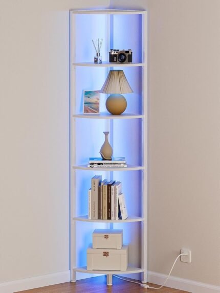 Furnulem 6 Tier Corner Shelf with LED Light, 67.5” Tall Standing Shelf Organizer, White Narrow Bookshelf with Storage Rack for Wall Corner, Living Room, Bedroom, Metal Frame, Wood Display Shelf