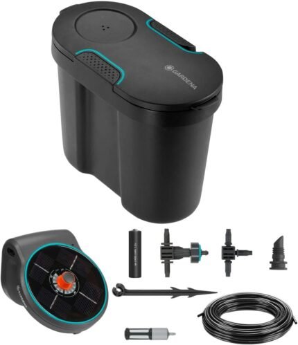 GARDENA (13301) Solar-Powered AquaBloom Garden Irrigation Sprinkler Kit with Water Tank: Water up to 20 Potted Plants with Adjustable drip Irrigation System for Automatic Watering of Patio Plants.