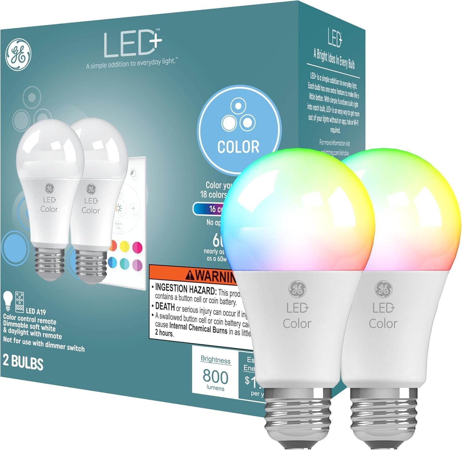GE LED+ Color Changing LED Light Bulbs with Remote, No