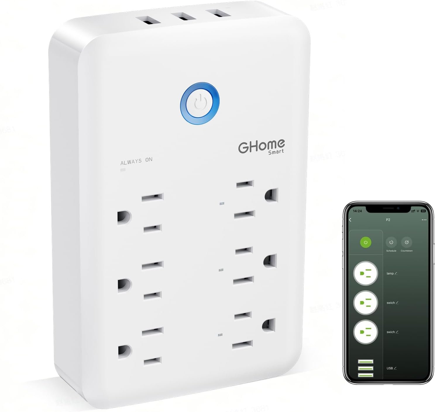 GHome Smart Plug Outlet Extender, USB Wall Charger with 3