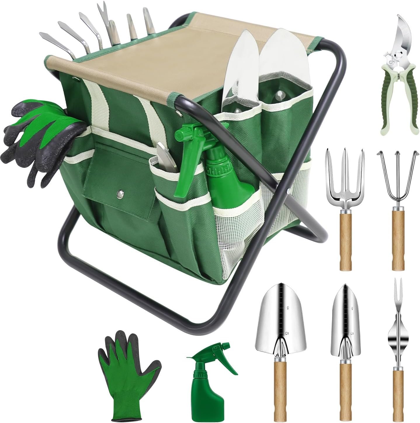 Garden Tool Set, 10 Piece Kit with Heavy Duty Folding