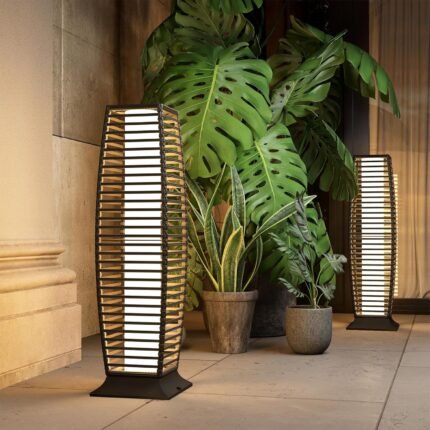 Grand patio Outdoor Floor Lamp Solar Powered Lantern Waterproof Wicker Boho Deck Lights for Garden Porch Decor, Large Crossover